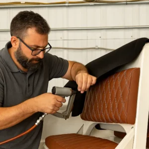 Artisan en atelier fixant un revêtement de coussin sur mesure à l’aide d’un outil pneumatique, sur un siège de bateau en cuir marine