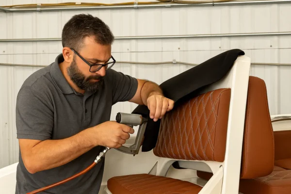 Artisan en atelier fixant un revêtement de coussin sur mesure à l’aide d’un outil pneumatique, sur un siège de bateau en cuir marine