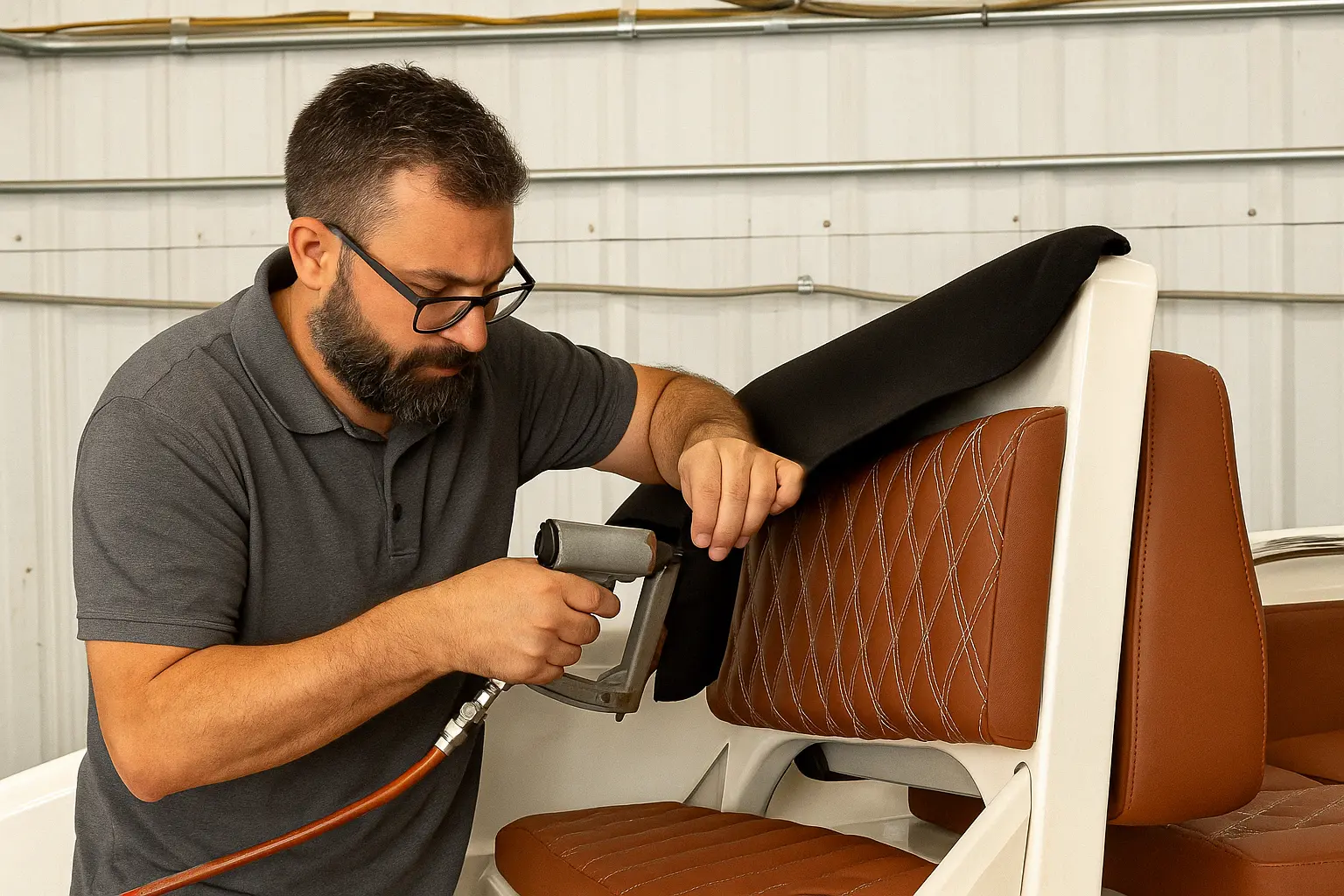 Artisan en atelier fixant un revêtement de coussin sur mesure à l’aide d’un outil pneumatique, sur un siège de bateau en cuir marine