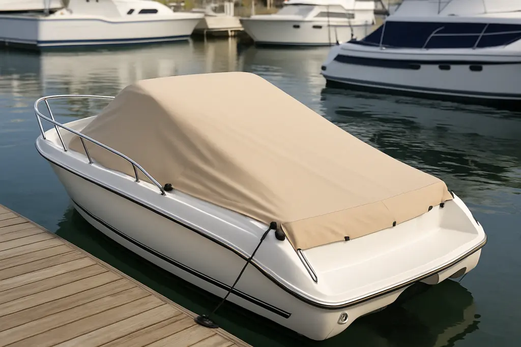 Bateau à moteur blanc amarré à un quai, recouvert d’une toile beige ajustée, avec d’autres embarcations visibles en arrière-plan dans une marina calme.